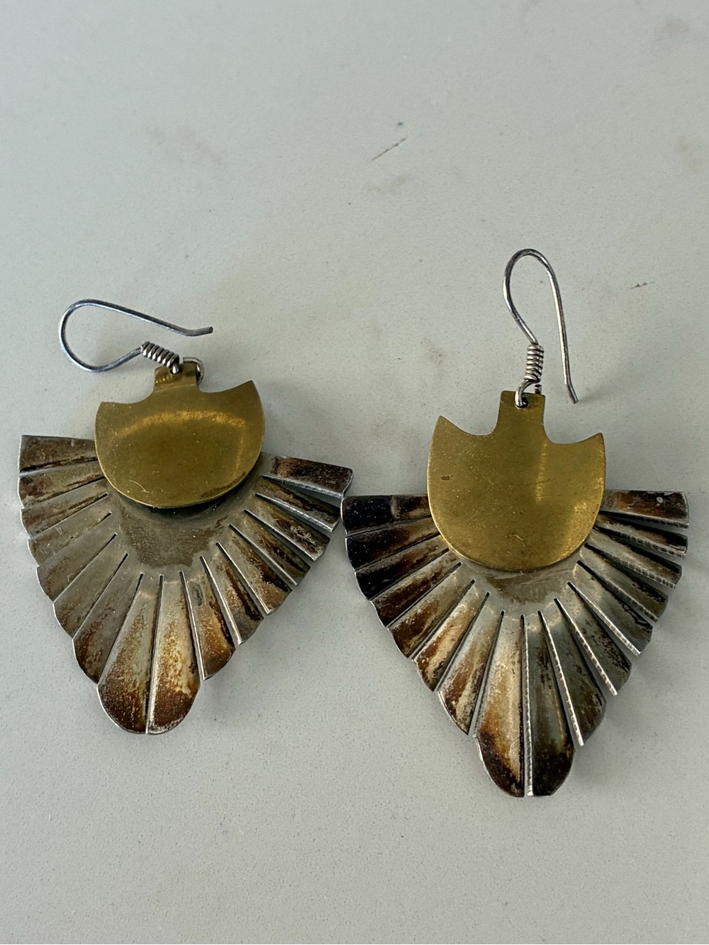 Vintage 1980s statement dangle earrings fan shape made of sterling silver& brass